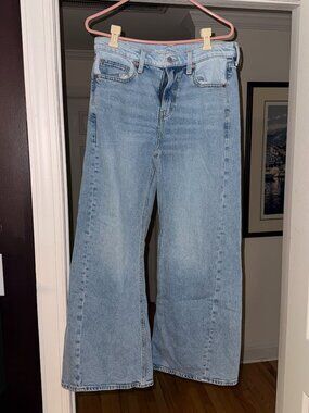 light-wash, high-rise, wide-leg denim jeans